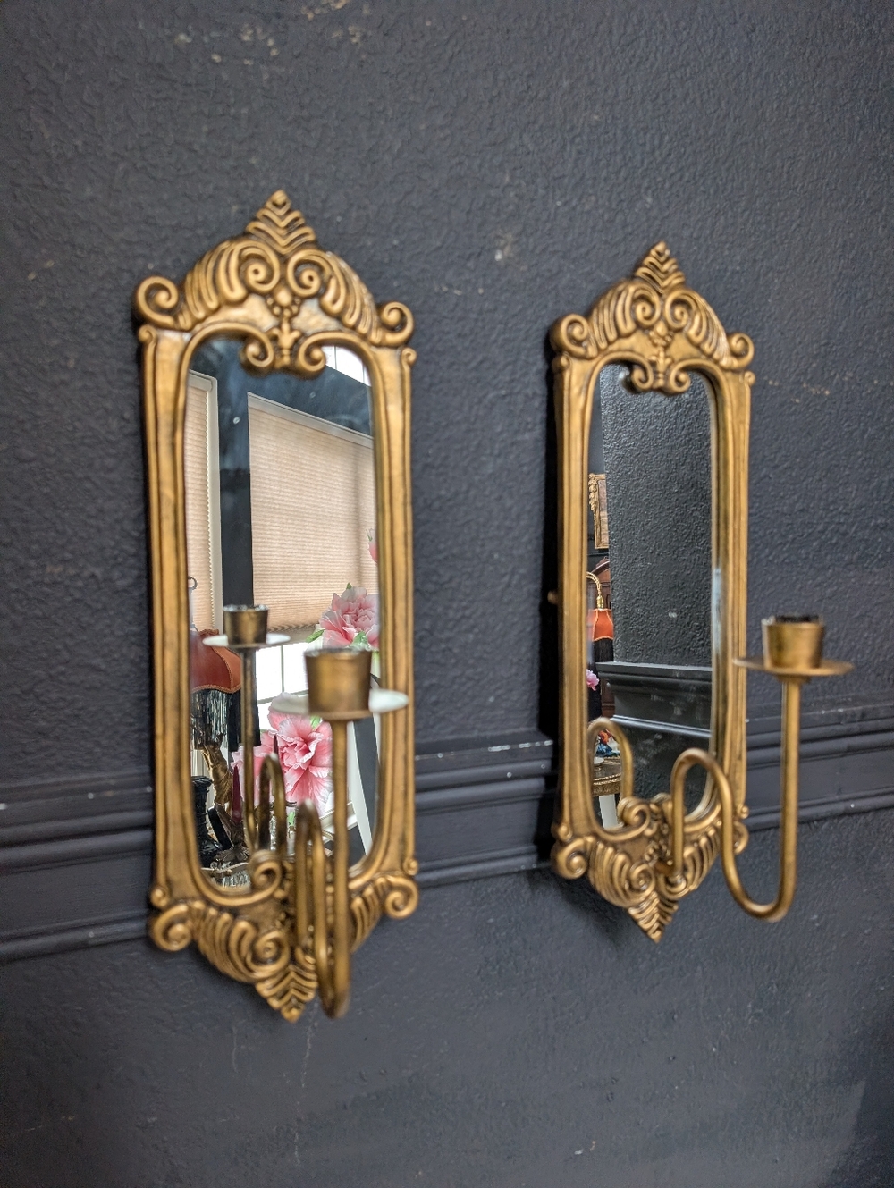 Vintage, Set of 2, Gold Ornate Cast Iron Wall Mirror Sconces Candle Holders 18"